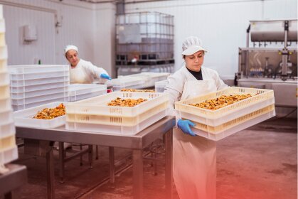 Two workers in a food processing plant handle trays of produce, illustrating the operational needs for business finance.